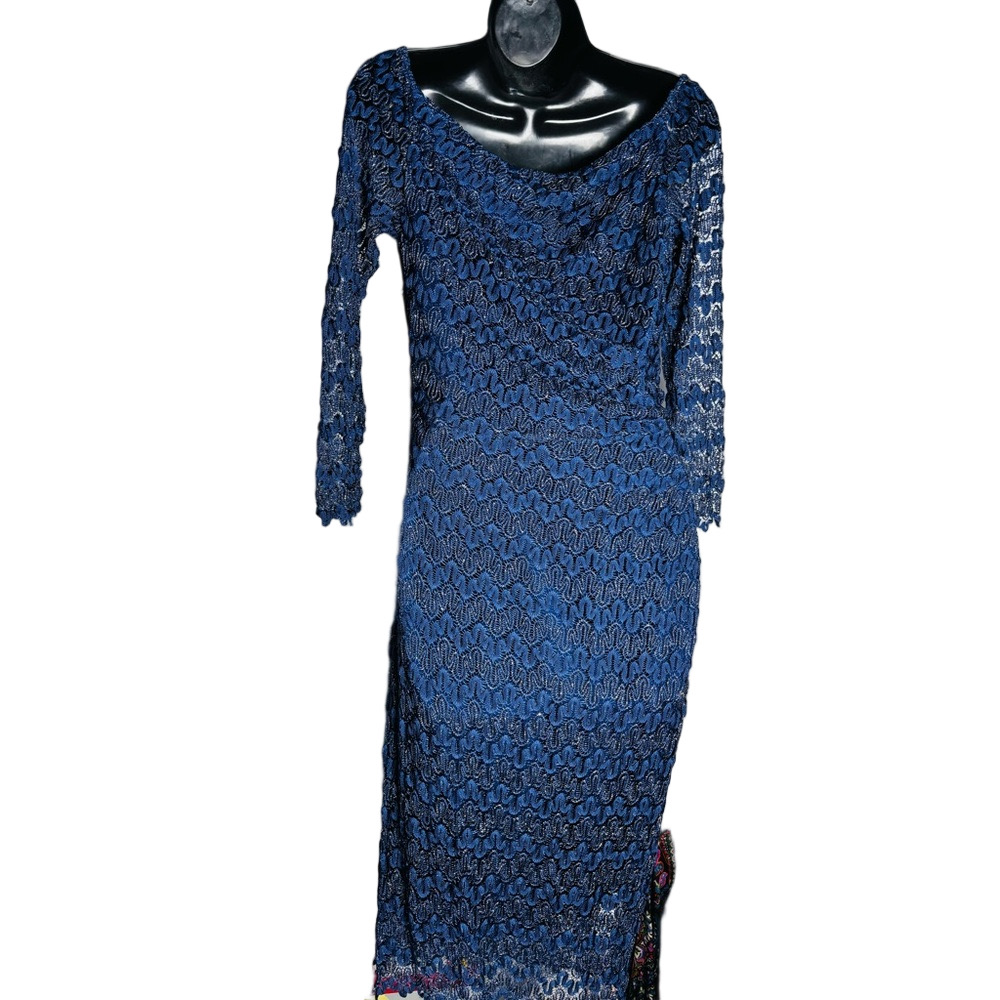 David Meister Navy Blue Lace with Gold Metallic Midi Designer Dress - Picture 7 of 8